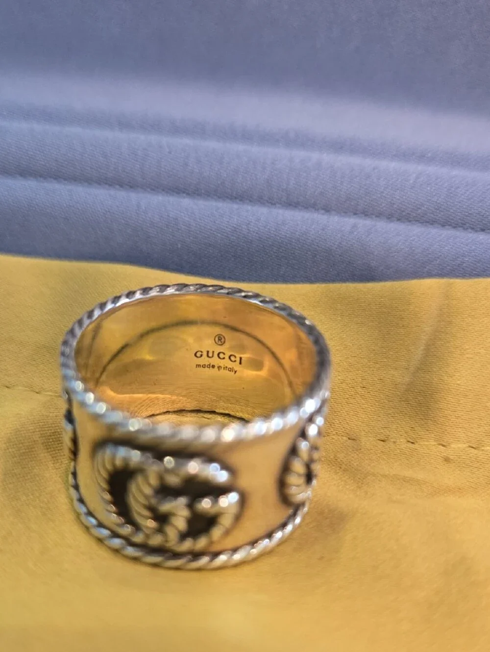 Gucci Sterling Silver Rope-Trim Logo Wide Band Cigar Style Ring   Authentic